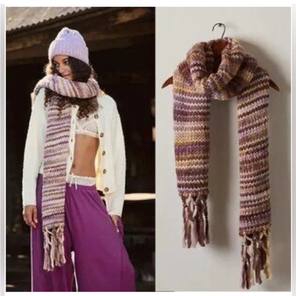 Free People Chunky Striped Knit Scarf Purple Brown Tan Neutral Gift new nwt - Picture 1 of 3